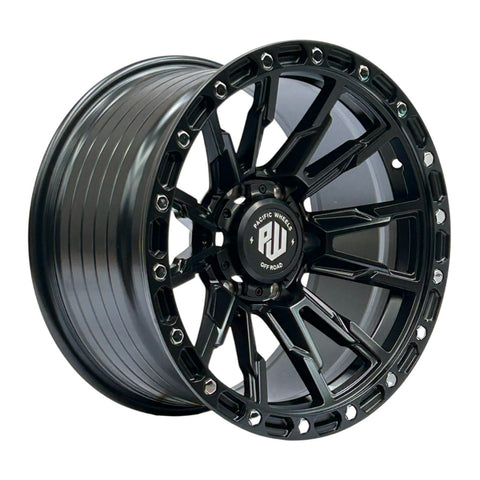 Juego de 4 llantas TRIGGER 17x9 · 6X139 · ET 0 · Negro mate con remaches cromados · Imagen referencial