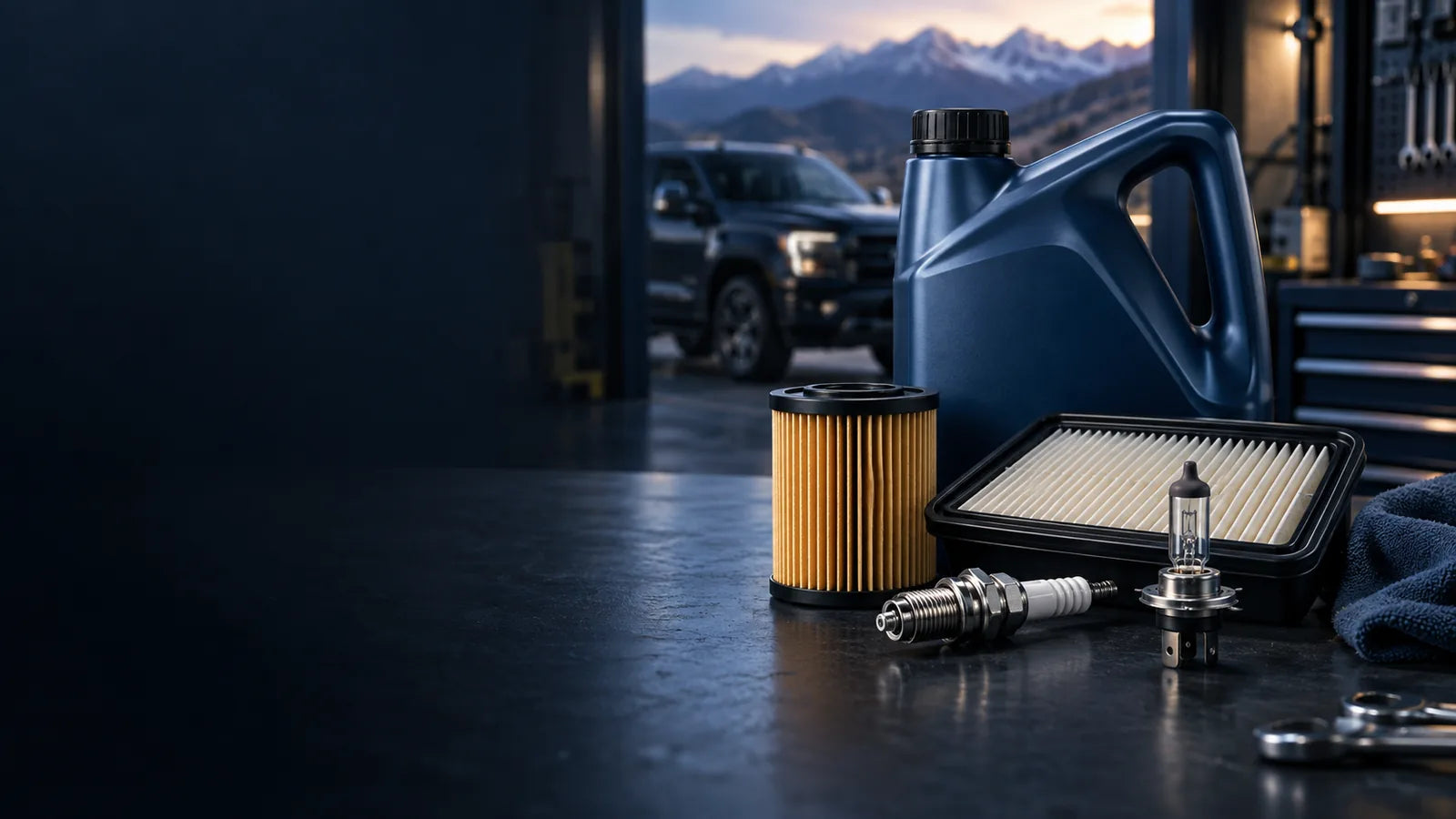 Imagen editorial de lubricantes, filtros, una bujía y una ampolleta en un taller