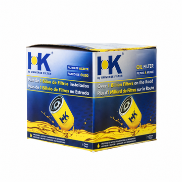Filtro de aceite metálico HK — empaque referencial de la marca, sin código de modelo