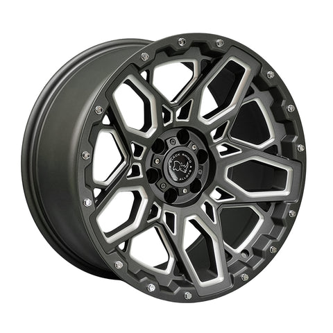 Juego de 4 llantas RHINO-SHRAPNEL 18x9 · 6X139 · ET 0 · Gris grafito mate con blanco mate · Imagen referencial