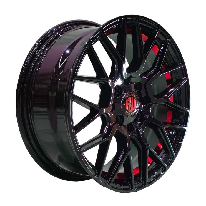 Juego de 4 llantas Storm 15x6.5 · 4x100/4x114 · ET 40 · Negro con rebajes rojos