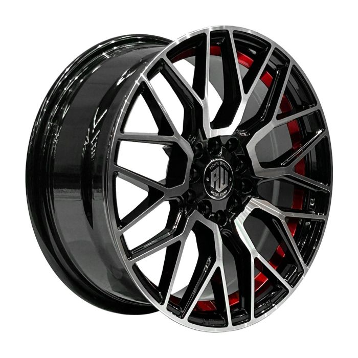 Juego de 4 llantas Storm 16x7 · 5x100/5x114 · ET 40 · Negro mecanizado con rebajes rojos