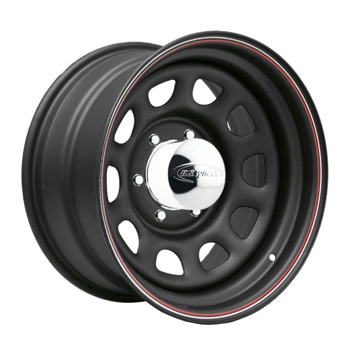 Juego de 4 llantas Us-Daytona 15x10 · 6x139 · ET -38 · Negro mate con líneas blanca y roja