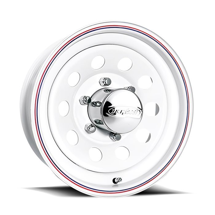 Juego de 4 llantas Us-Modular 15x10 · 6x139 · ET -38 · Blanco con líneas roja y azul