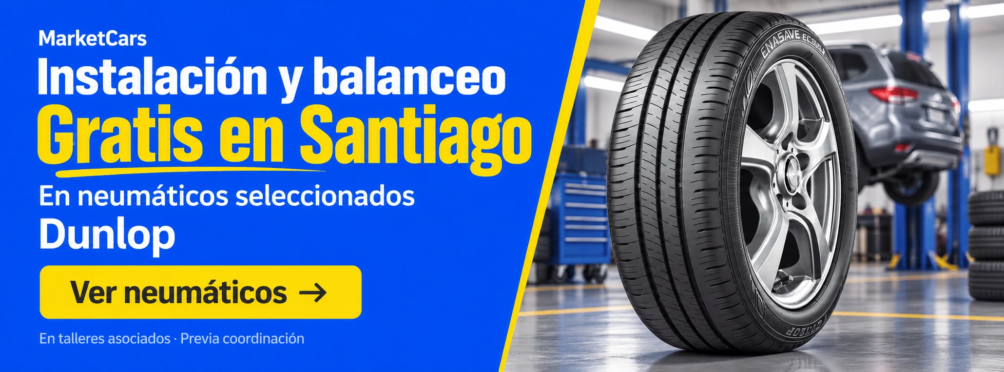 Instalación y balanceo gratis en Santiago. Neumáticos Dunlop seleccionados, previa coordinación.